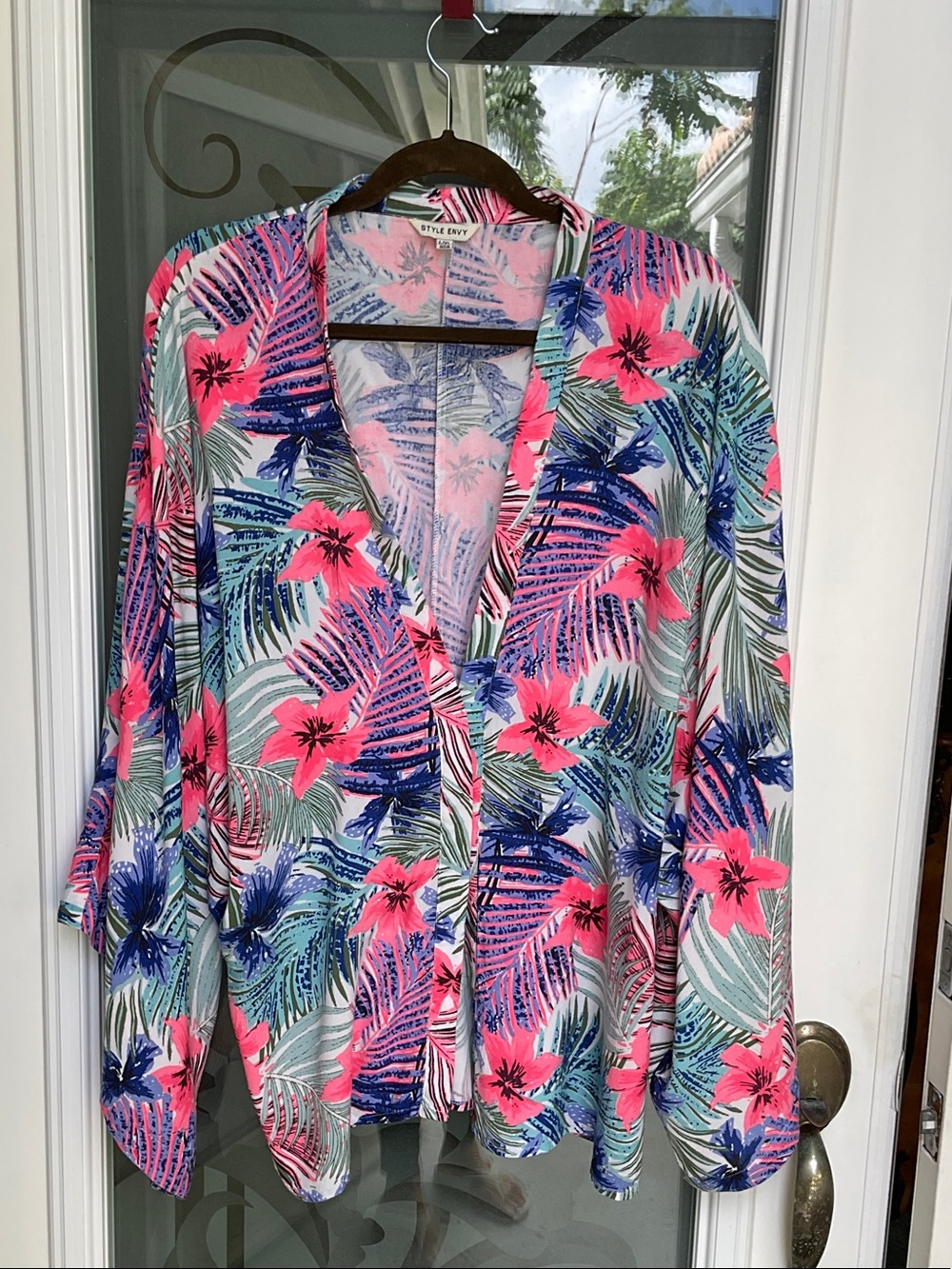 Bright  Tropical Floral- Pink & Blue jacket. Wide flowy sleeves. Never worn.